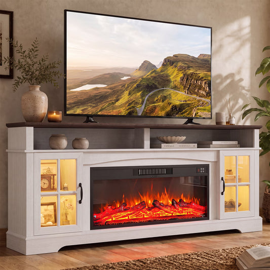 Sonegra Fireplace TV Stand with Glass Door for TVs up to 90", 80" Entertainment Center with Fireplace, Media Console for Living Room, White