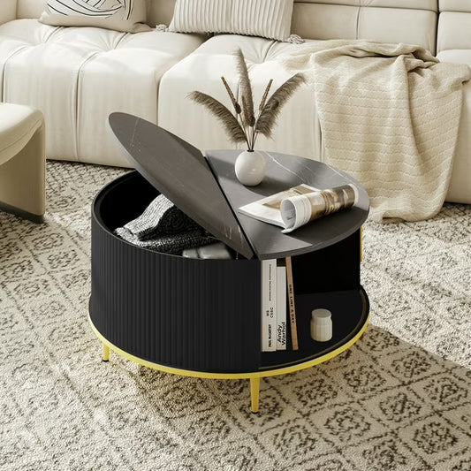 Sonegra Mid-Century Modern Round Coffee Table - Black with Sliding Door Storage for Living Room