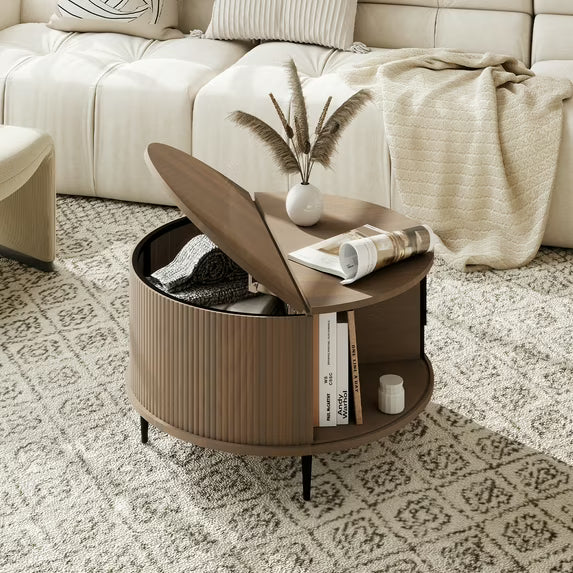 Sonegra Mid-Century Modern Round Coffee Table - Walnut Wood with Sliding Door Storage for Living Room
