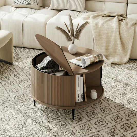Sonegra Mid-Century Modern Round Coffee Table - Walnut Wood with Sliding Door Storage for Living Room