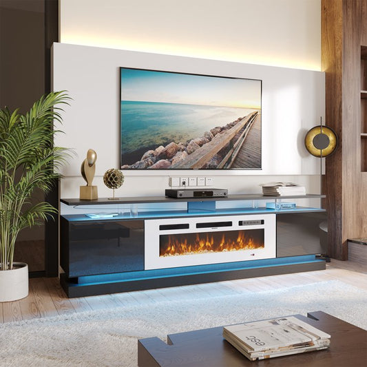 Sonegra Modern Fireplace TV Stand for TVs Up to 80" with Music Sync LED, 70" Entertainment Center with Electric Fireplace, TV Console with Storage Cabinets for Living Room, Black