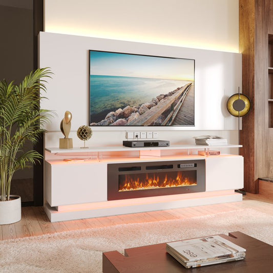 Sonegra Modern Fireplace TV Stand for TVs Up to 80" with Music Sync LED, 70" Entertainment Center with Electric Fireplace, TV Console with Storage Cabinets for Living Room, White