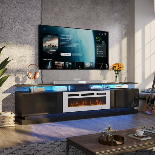 Sonegra Modern Fireplace TV Stand for TVs Up to 90" with Music Sync LED, 80" Entertainment Center with Electric Fireplace, TV Console with Storage Cabinets for Living Room, Black