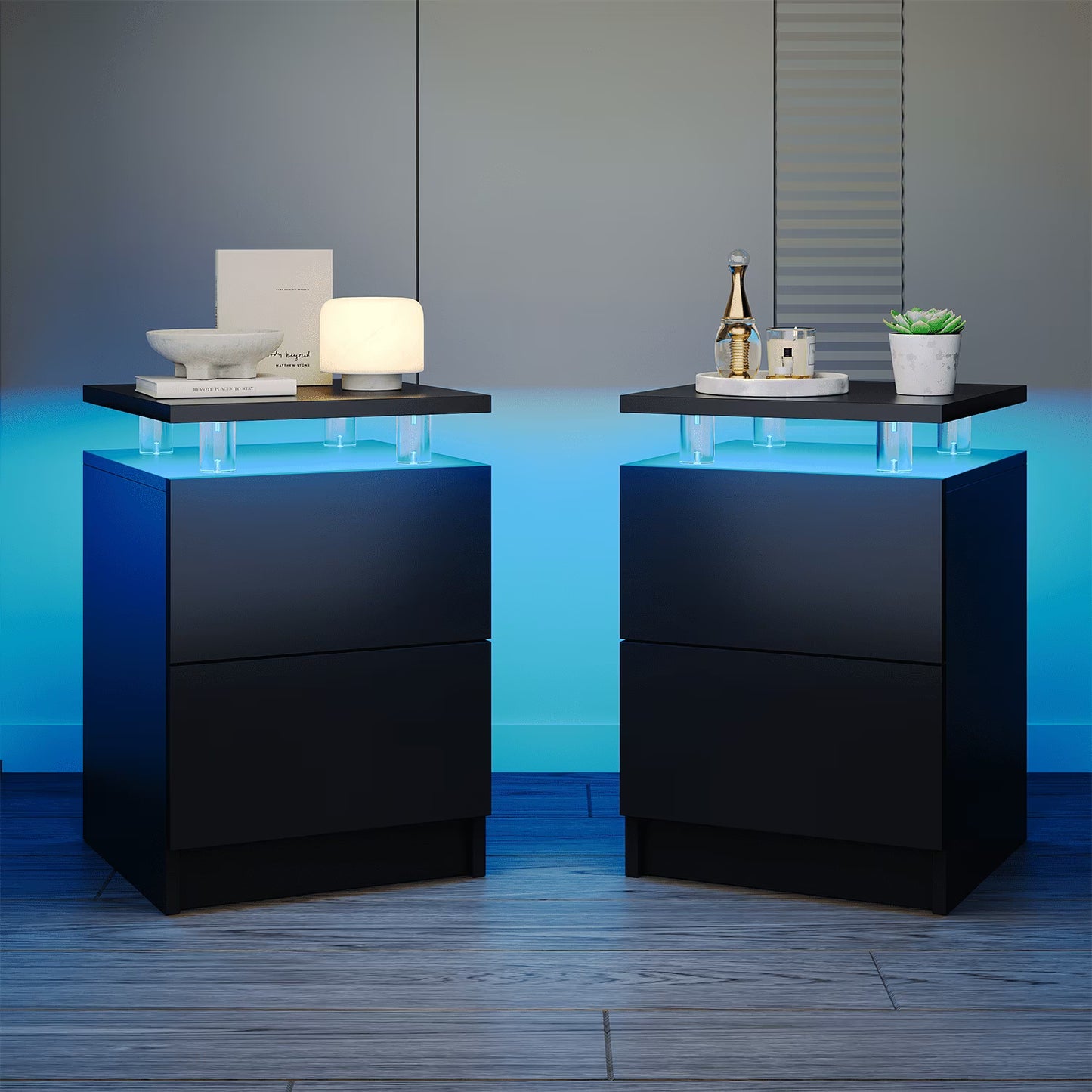 Sonegra Nightstand Set of 2 with Charging Station, LED End Table with 2 Storage Drawers, Sofa Side Table for Living Room and Bedroom, Black 15IN