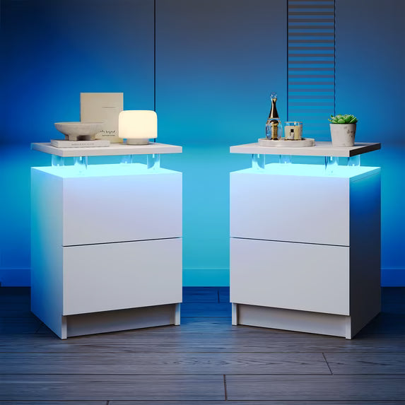 Sonegra Nightstand Set of 2 with Charging Station, LED End Table with 2 Storage Drawers, Sofa Side Table for Living Room and Bedroom, White 15IN