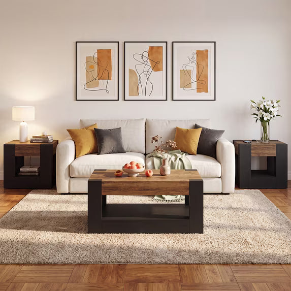 Sonergra 3 Piece Farmhouse Living Room Table Set Coffee Table with Drawers Open Storage and 2 Matching Rustic Wood Side End Tables,Black