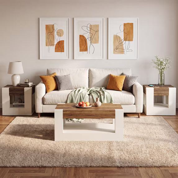 Sonergra 3 Piece Farmhouse Living Room Table Set Coffee Table with Drawers Open Storage and 2 Matching Rustic Wood Side End Tables,White