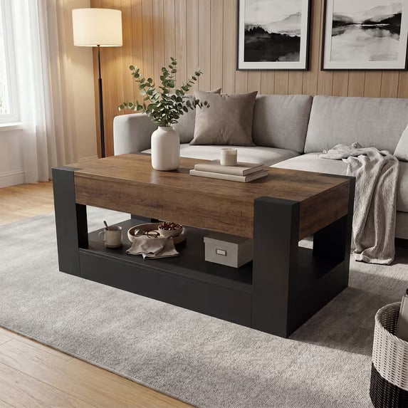 Sonergra Farmhouse Coffee Table with 2 Side Drawers, 47 Inch Rustic Wooden Rectangular Cocktail Table, Multifunctional TV Stand for Living Room,Black
