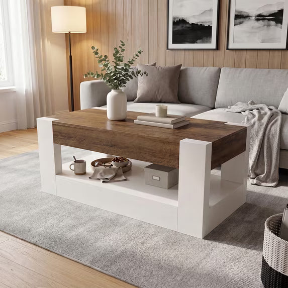 Sonergra Farmhouse Coffee Table with 2 Side Drawers, 47 Inch Rustic Wooden Rectangular Cocktail Table, Multifunctional TV Stand for Living Room,White