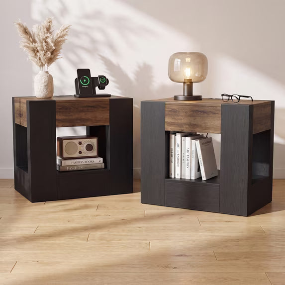 Sonergra Farmhouse End Table with Charging Station, 23” Modern Nightstand Side Table with Drawer and Open Storage, Wood Accent Sofa Side Table for Bedroom Living Room,Black