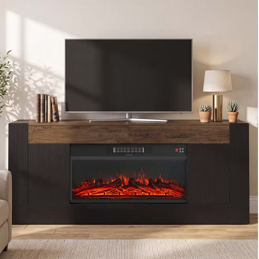 Sonergra Farmhouse Fireplace TV Stand for TVs up to 80 Inch Rustic Wood,70 Inch Electric Fireplace Entertainment Center with Drawers Cabinets and Open Storage Shelves for Living Room,Black