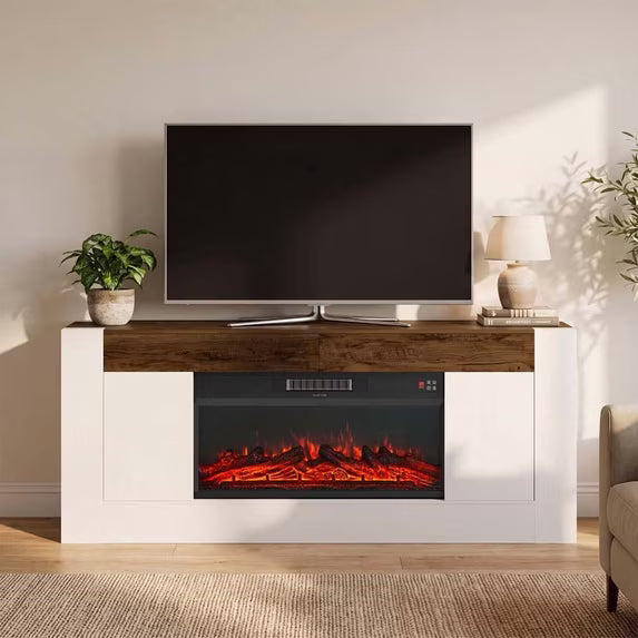 Sonergra Farmhouse Fireplace TV Stand for TVs up to 80 Inch Rustic Wood,70 Inch Electric Fireplace Entertainment Center with Drawers Cabinets and Open Storage Shelves for Living Room,White