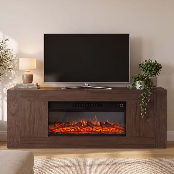 Sonergra Farmhouse Fireplace TV Stand for TVs up to 80 Inch Rustic Wood,70 Inch Electric Fireplace Entertainment Center with Drawers Cabinets and Open Storage Shelves for Living Room,Brwon