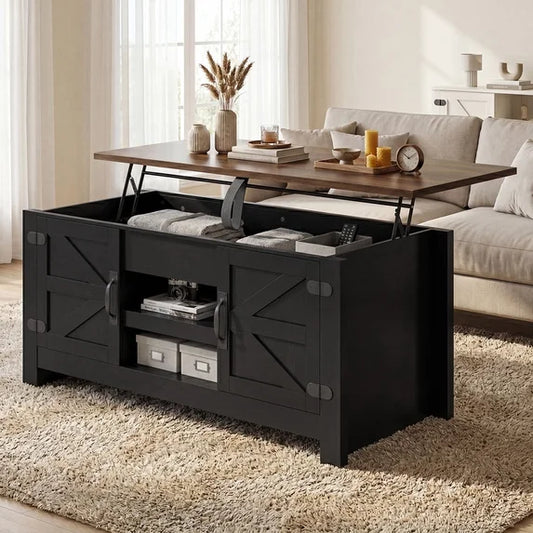 Sonergra Lift Top Coffee Table with Storage, Farmhouse Living Room Table with Charging Station & Barn Doors, Black