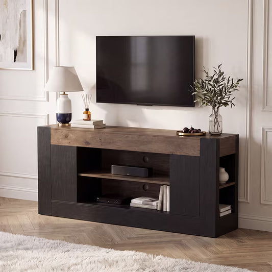 Sonergra Two‑Tone Modern Farmhouse TV Stand for TVs up to 80 Inch 70 Inch Wood Entertainment Center with Cabinets Open Shelves and Cable Holes for Living Room,Black
