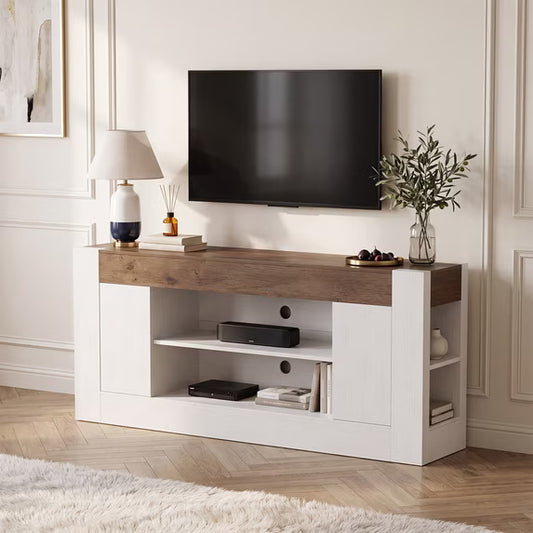 Sonergra Two‑Tone Modern Farmhouse TV Stand for TVs up to 80 Inch 70 Inch Wood Entertainment Center with Cabinets Open Shelves and Cable Holes for Living Room,White