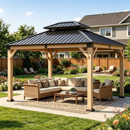 Sumnthink 10' x 12' Cedar Wood Gazebo with Double Roof, Hardtop Metal Roof Outdoor Patio Gazebo Canopy for Backyard, Deck, Lawn & Garden
