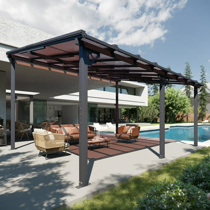 Sumnthink 12'x16' Hardtop Gazebo, Gazebo Pergola with Sloped Roof, Large Wall-Mounted Heavy Duty Awnings, for Patio, Deck and Backyard