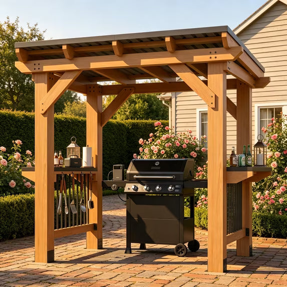 Sumnthink 5' x 8' Cedar Wood Grill Gazebo, Outdoor BBQ Shelter with Galvanized Steel Roof, Double Side Shelves for Backyard Patio