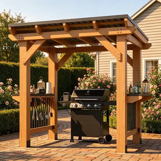 Sumnthink 5' x 8' Cedar Wood Grill Gazebo, Outdoor BBQ Shelter with Galvanized Steel Roof, Double Side Shelves for Backyard Patio