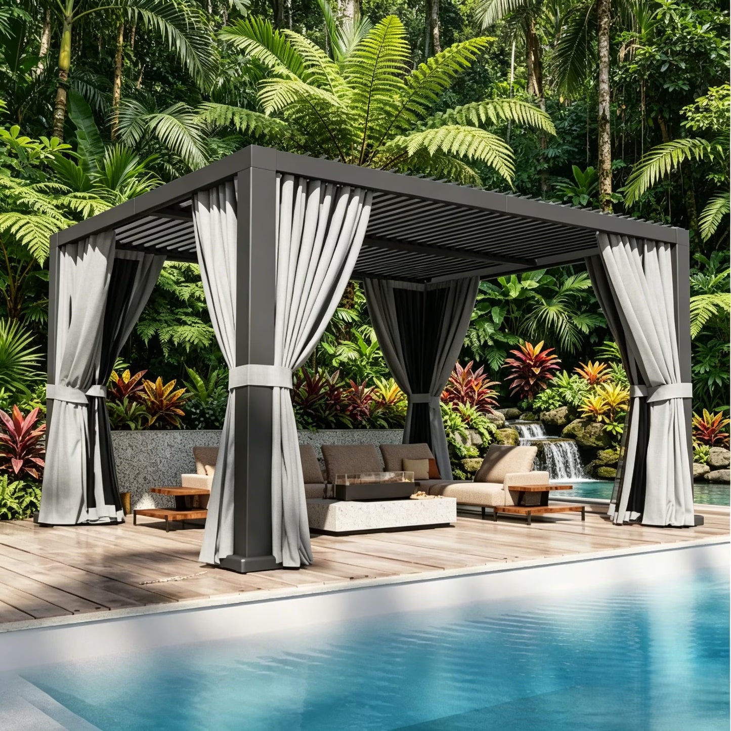 Sunmthink 10' × 10' Adjustable Louvered Pergola, Outdoor Aluminum Pergola with Curtains & Netting for Backyard, Deck & Poolside, Gray