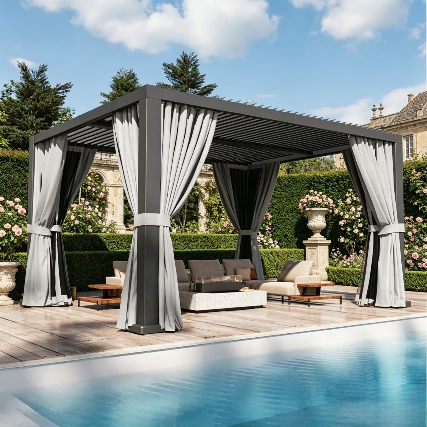 Sunmthink 10' × 12' Adjustable Louvered Pergola, Outdoor Aluminum Pergola with Curtains & Netting for Backyard, Deck & Poolside, Gray