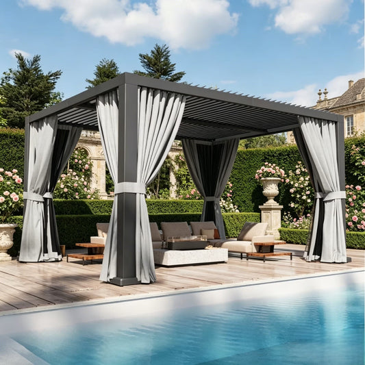 Sunmthink 10' × 12' Adjustable Louvered Pergola, Outdoor Aluminum Pergola with Curtains & Netting for Backyard, Deck & Poolside, Gray