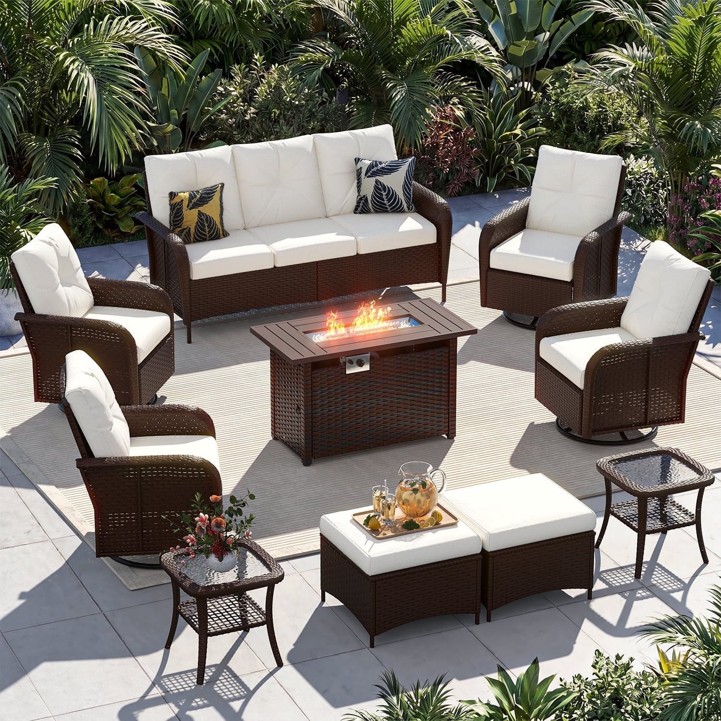 Sunmthink 10-Piece Patio Furniture Set, High Back Swivel Rocker Chairs with Thick Cushions, Wicker Rattan Outdoor Sectional Sofa with Fire Pit & Ottoman, Beige