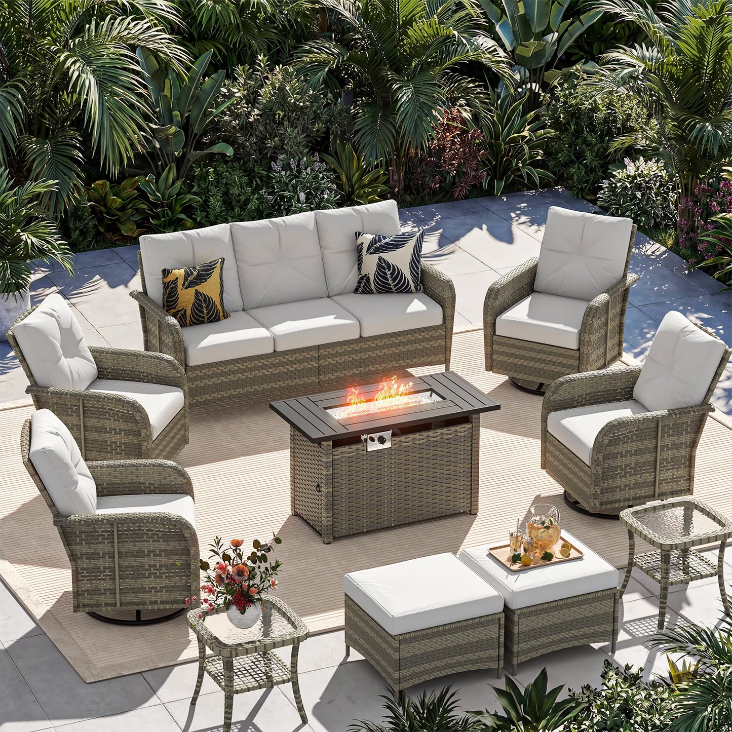 Sunmthink 10-Piece Patio Furniture Set, High Back Swivel Rocker Chairs with Thick Cushions, Wicker Rattan Outdoor Sectional Sofa with Fire Pit & Ottoman, Gray