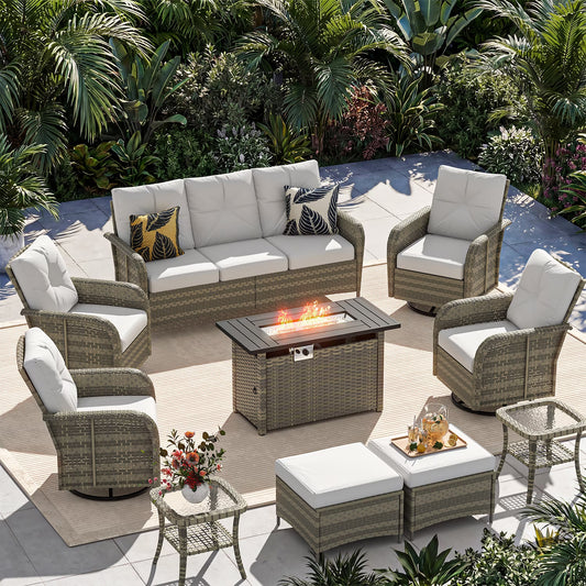 Sunmthink 10-Piece Patio Furniture Set, High Back Swivel Rocker Chairs with Thick Cushions, Wicker Rattan Outdoor Sectional Sofa with Fire Pit & Ottoman, Gray