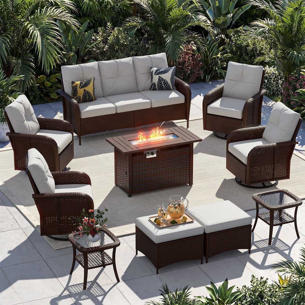 Sunmthink 10-Piece Patio Furniture Set, High Back Swivel Rocker Chairs with Thick Cushions, Wicker Rattan Outdoor Sectional Sofa with Fire Pit & Ottoman, Light Grey