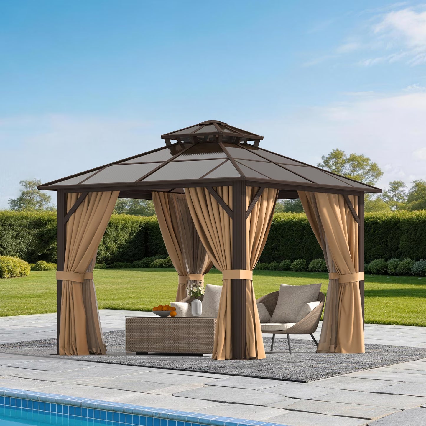 Sunmthink 10' x 10' Hardtop Gazebo,Polycarbonate Double Roof,Aluminum Frame with Curtains and Netting for Patio,Garden,Brown