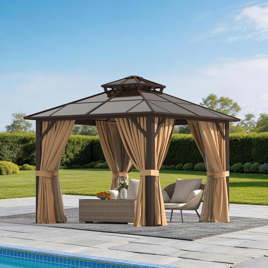 Sunmthink 10' x 10' Hardtop Gazebo,Polycarbonate Double Roof,Aluminum Frame with Curtains and Netting for Patio,Garden,Brown