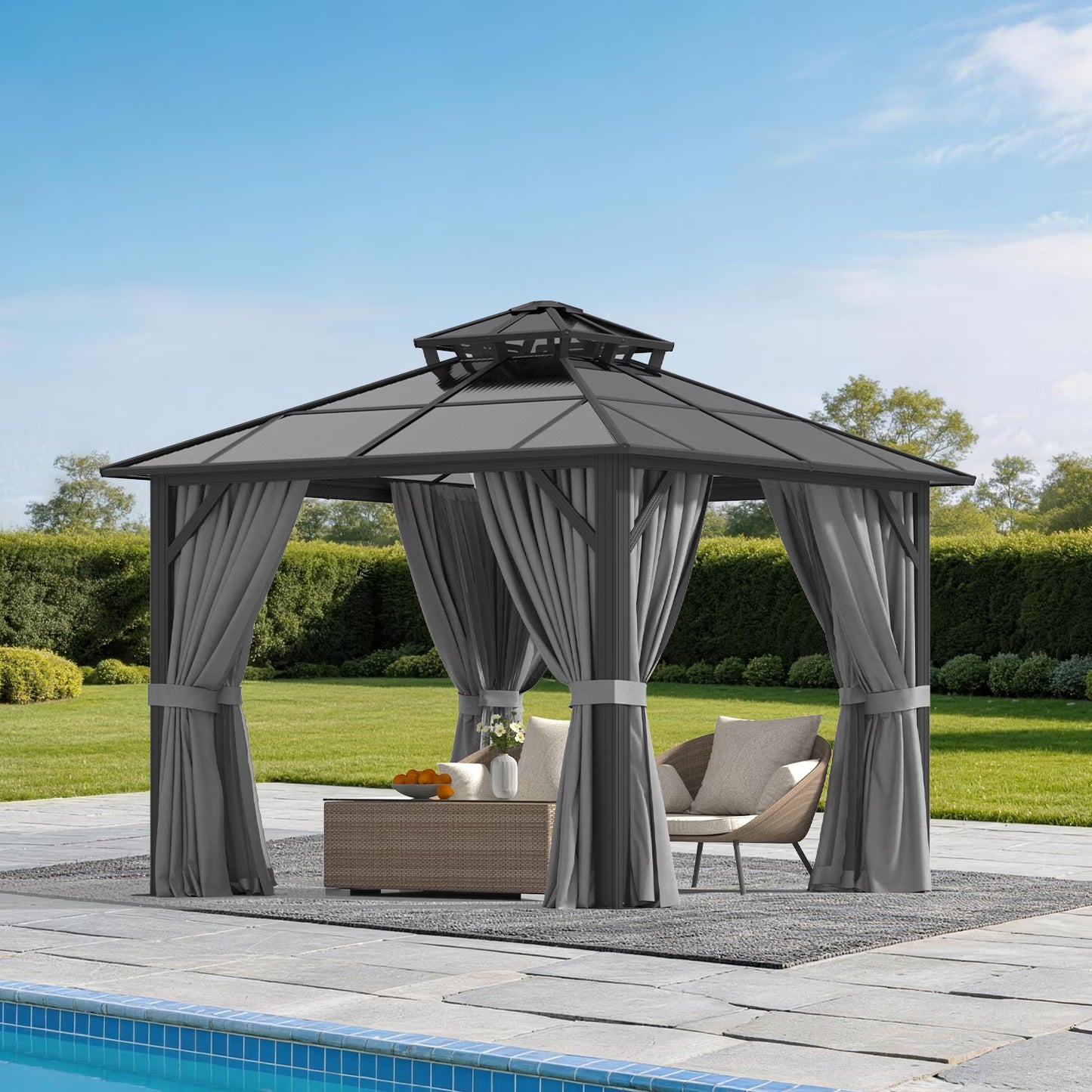 Sunmthink 10' x 10' Hardtop Gazebo,Polycarbonate Double Roof,Aluminum Frame with Curtains and Netting for Patio,Garden,Gray