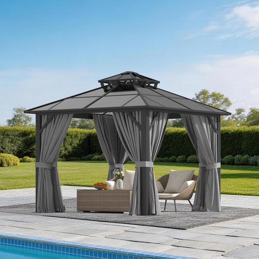 Sunmthink 10' x 10' Hardtop Gazebo,Polycarbonate Double Roof,Aluminum Frame with Curtains and Netting for Patio,Garden,Gray
