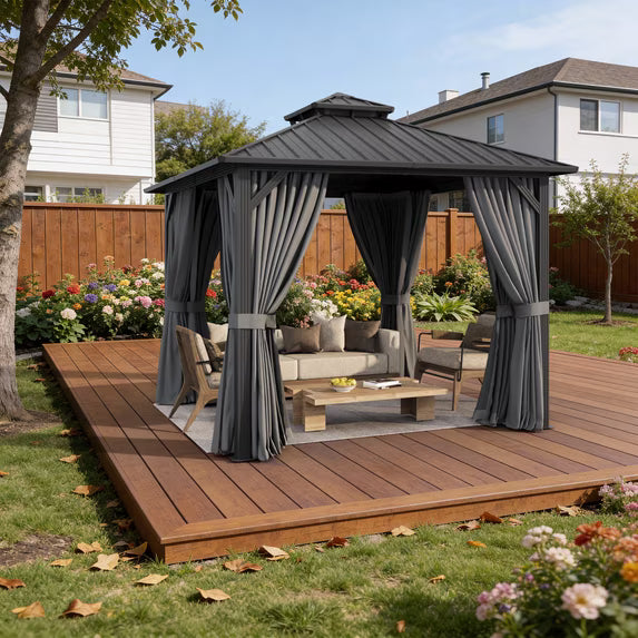 Sunmthink 10' x 10' Hardtop Gazebo with Mosquite Netting, Double Metal Roof for Lawn and Garden, Gray