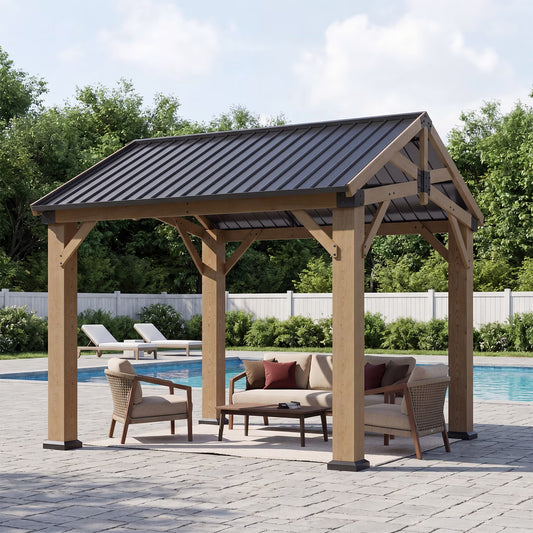 Sunmthink 10' x 10' Wood Frame Gazebo, Hardtop Gazebo with Galvanized Steel, Permanent Wooden Pavilion for Patio Backyard Lawn Garden