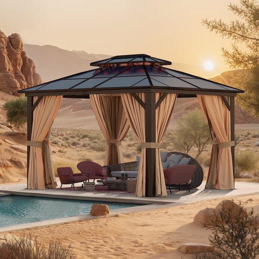 Sunmthink 10' x 12'Hardtop Gazebo,Polycarbonate Double Roof,Aluminum Frame with Curtains and Netting for Patio,Garden,Brown