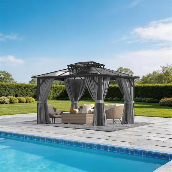 Sunmthink 10' x 12' Hardtop Gazebo,Polycarbonate Double Roof,Aluminum Frame with Curtains and Netting for Patio,Garden,Gray