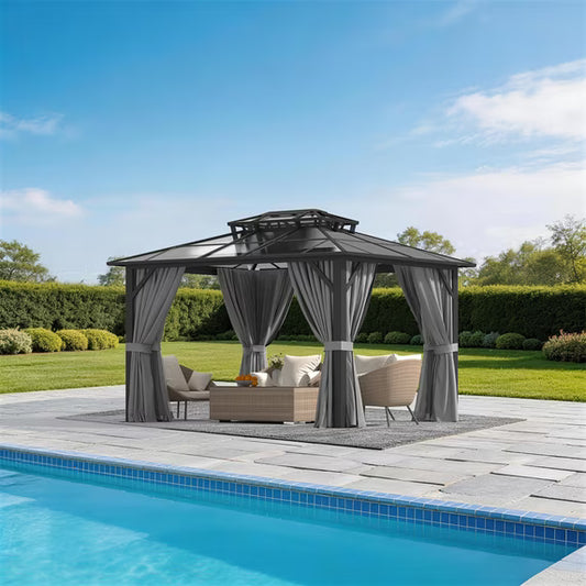 Sunmthink 10' x 12' Hardtop Gazebo,Polycarbonate Double Roof,Aluminum Frame with Curtains and Netting for Patio,Garden,Gray