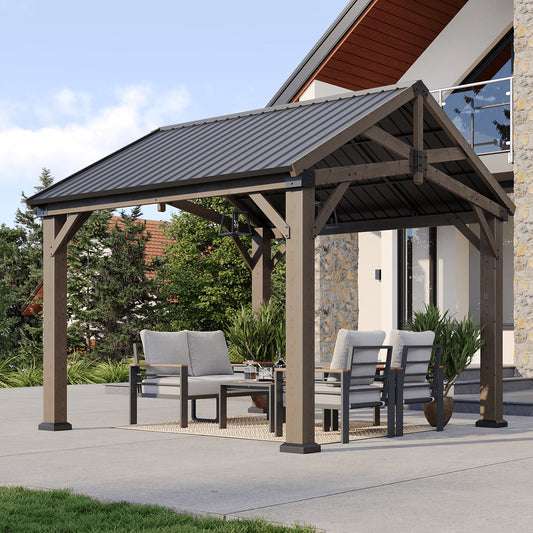 Sunmthink 10' x 12' Outdoor Wood Frame Gazebo, Hardtop Gazebo with Galvanized Steel, Permanent Wooden Pavilion for Patio Backyard Lawn Garden
