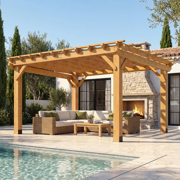Sunmthink 10' x 12' Solid Cedar Outdoor Pergola, Tiered Lattice Canopy, Wind-Resistant up to 100 MPH, Natural Wood Finish for Patio, Deck, Lawn & Garden