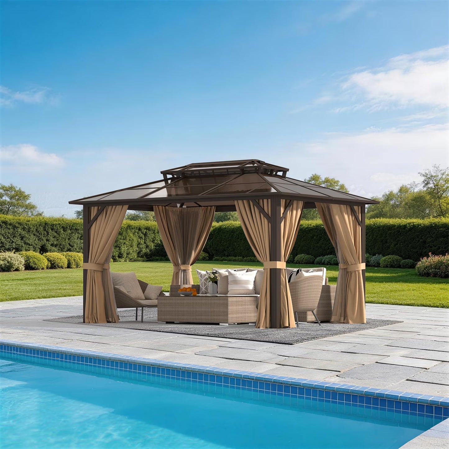 Sunmthink 10' x 14' Hardtop Gazebo,Polycarbonate Double Roof,Aluminum Frame with Curtains and Netting for Patio,Garden,Brown