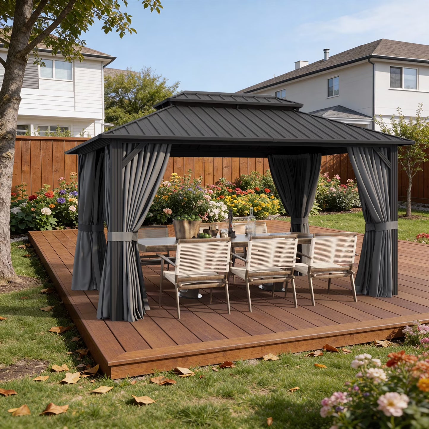 Sunmthink 10' x 14' Hardtop Gazebo with Mosquite Netting, Double Metal Roof for Lawn and Garden, Gray