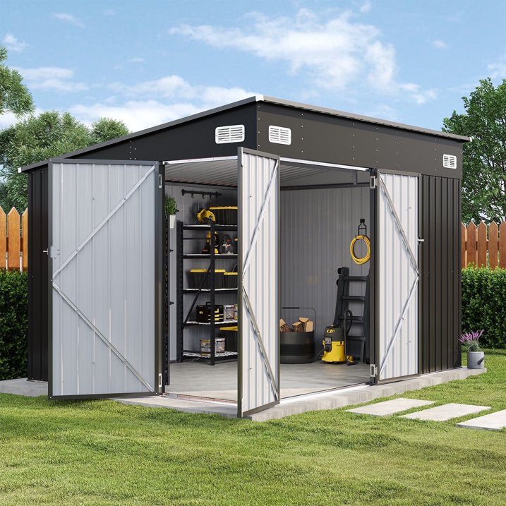 Sunmthink 10' x 8' Metal Storage Shed with Triple Doors, Lockable Lean-to Design & Vents, Black