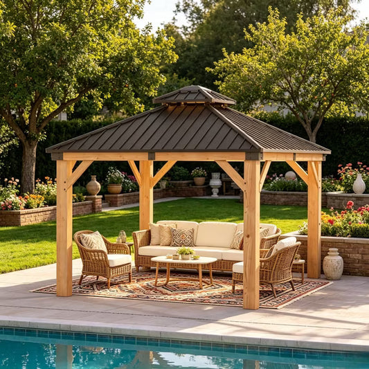 Sunmthink 10'x10' Outdoor Hardtop Gazebo, Cedar Wood Pavilion with Galvanized Steel Double Roof, for Patio, Garden, Deck