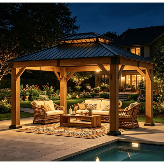 Sunmthink 10'x12' Outdoor Hardtop Gazebo, Cedar Wood Pavilion with Galvanized Steel Double Roof, for Patio, Garden, Deck