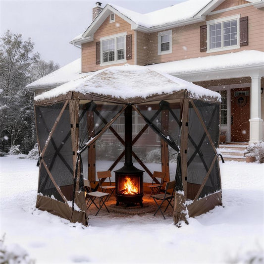 Sunmthink 10x10 FT Pop-up Gazebo Screen Tent, 6-Sided Camping Canopy Shelter with Waterproof UV-Blocking Top, Includes Carry Bag & Accessories for Outdoor Backyard & Lawn, Brown