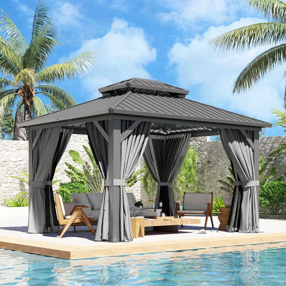 Dateyes 10x12 FT Outdoor Hardtop Gazebo, Aluminum Frame Gazebo with Removable Mesh Walls and Curtains for Patio, Lawns, Gray
