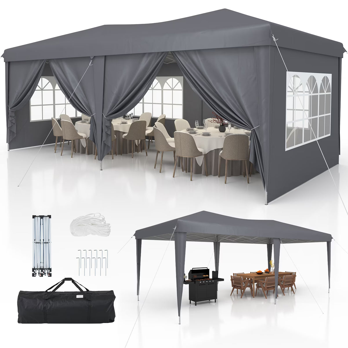 Dateyes 10x20 Pop Up Canopy Tent, Waterproof Party Tent with 6 Removable Sidewalls, 3-Level Height Adjustable Event Tent, Instant Shelter for Wedding, Party, Commercial & Market Events,Gray